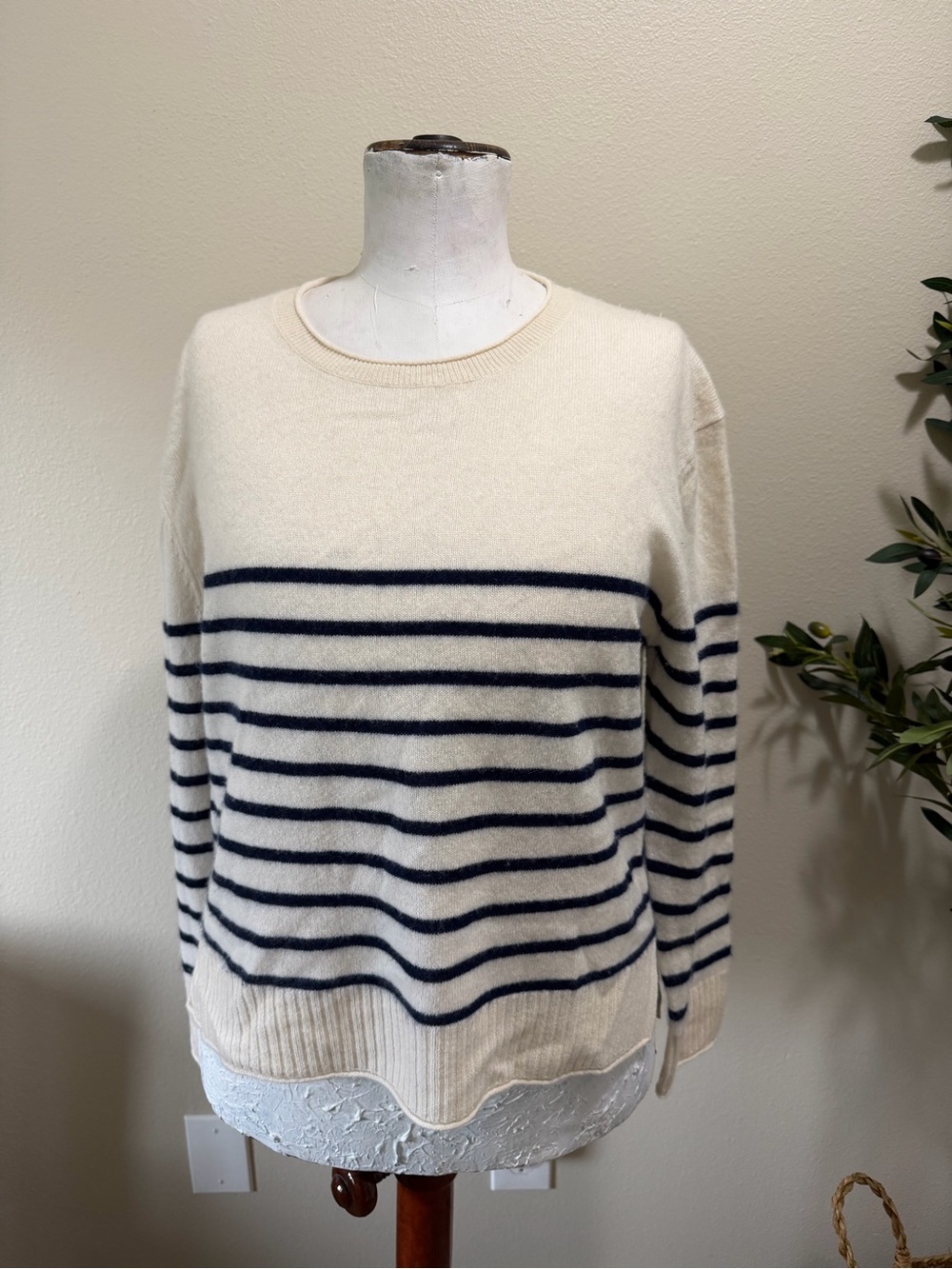 Rachel Zoe 2Ply Cashmere Cream Crewneck Sweater with Navy Stripes